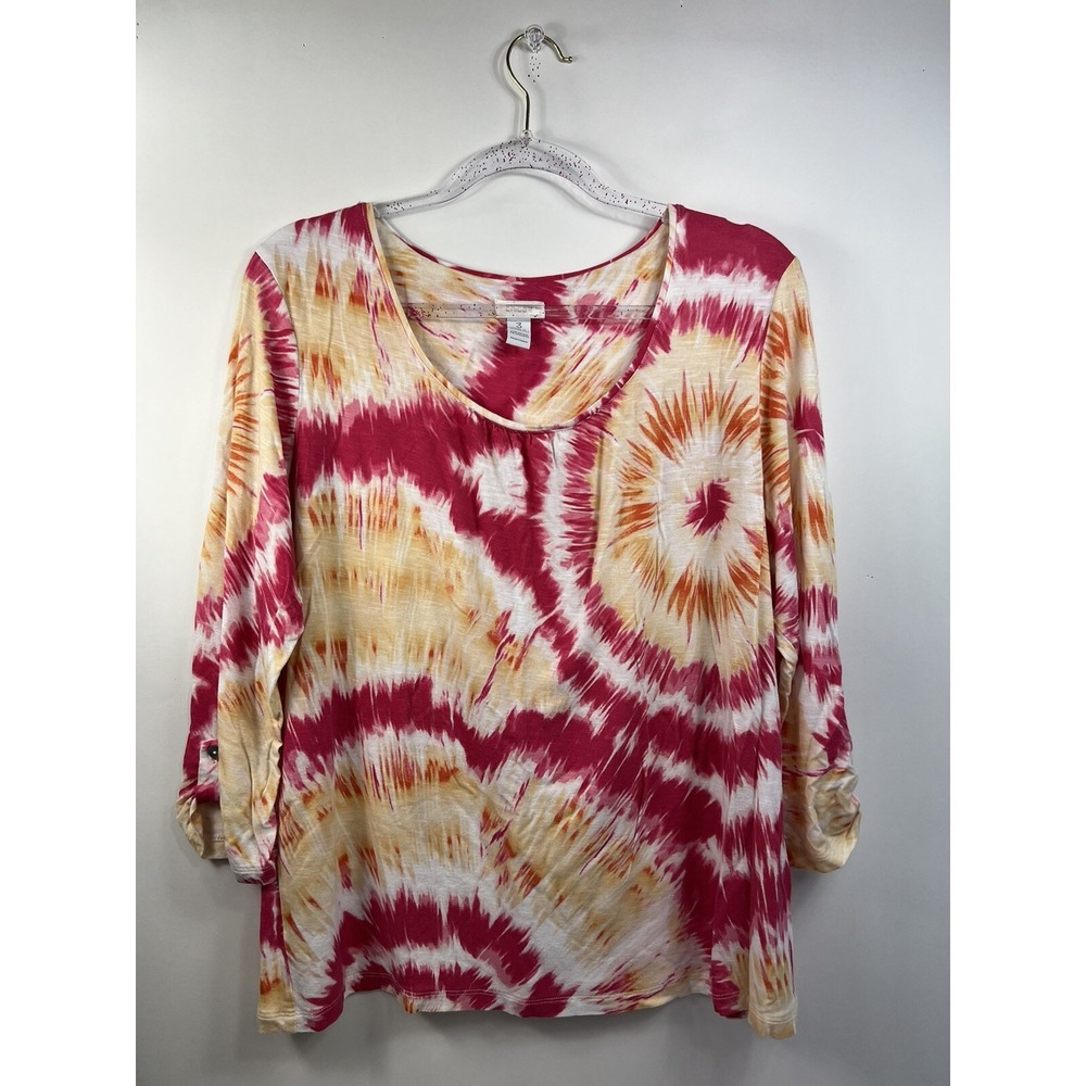 Chicos Tunic Women's Size 3 Yellow/Pink/White Stretch Scoop 3/4 Tab Sleeves